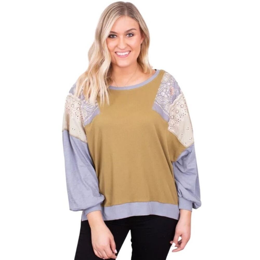 Free People Olive Green Patchwork Boho Oversized Blouse Top Size Small